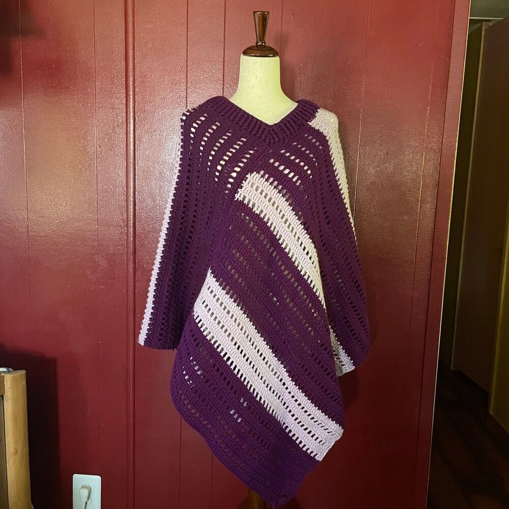 Vintage Cape Handmade Crochet Purple Shawl Poncho